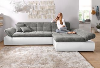 Domo Collection Ecksofa »Moric, L-Form, XXL-Sofa - Breite 300cm, viel Platz, auch in Cord« wahlweise mit Bettfunktion und Armteilverstellung, weiss-grau