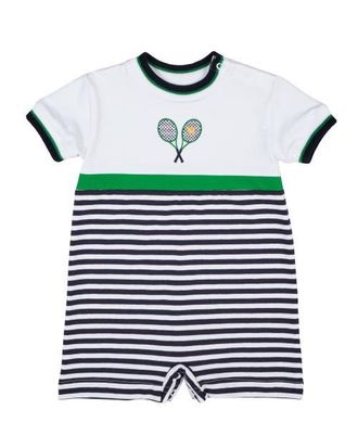 Florence Eiseman Stripe Knit Shortall with Tennis Rackets in Navy/white at Nordstrom, Size 24M