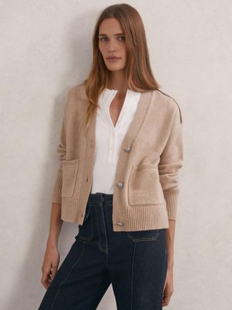 Reiss Beige Neutral Wool-cashmere Button-through Cardigan, XS