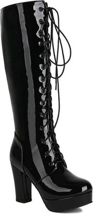 Generic Womens Patent PU Leather Knee High Riding Boots Lace Up Platform Block High Heel Fashion Goth Shoes with Zipper (Black,5.5)