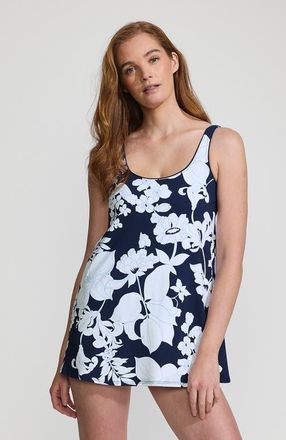 Lands End Scoop Neck Mini Swim Dress One Piece Swimsuit in Deep Sea Navy/white Lilies at Nordstrom, Size 3X