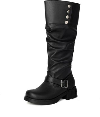 Generic Womens Pull on Slouch Long Boots Round Toe Knee High Boots with Buckle Block Heel Platform Boot,Black,3.5 UK