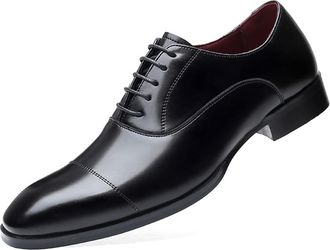Generic Oxford Shoes for Men Lace Up Cap Toe Black Burnished Toe Leather Block Heel Low Top Rubber Sole Non Slip Wedding(Black,7.5 UK)