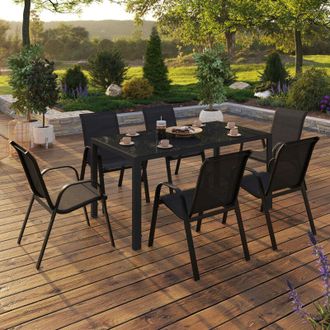IDMarket Conjunto De Muebles De Jard&iacute;n Madrid Mesa 150 Cm Y 6 Sillas Apilables Negro