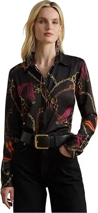 Lauren Ralph Lauren Petite Classic Fit Belting-Print Satin Shirt Womens Clothing Black : PXS, Polyester