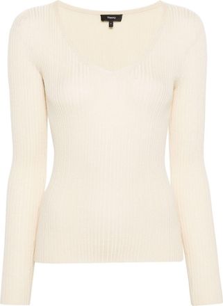 Theory fine-ribbed V-neck jumper - women - Wool/Viscose - M - Neutrals