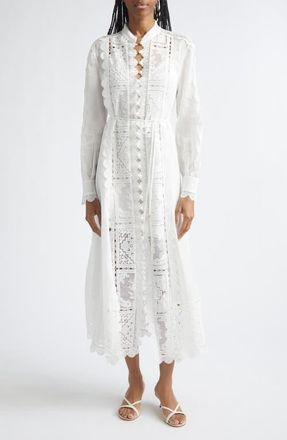 Zimmermann Aster Embroidered Lace Trim Long Sleeve Midi Dress in Ivory at Nordstrom, Size 2