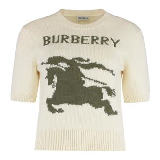 Burberry Round-neck Knitwear, female, White, Size: M EKD Wool Cashmere Top