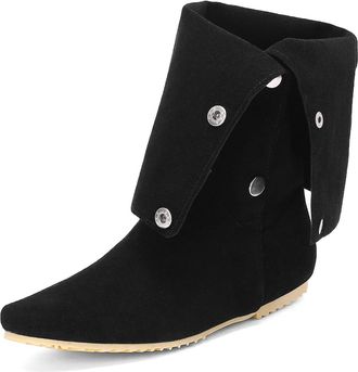 Generic Womens Ankle Boots Round Toe Flat Heels Fold-Over Button Strap Comfortable Non-Slip Wear-Resistant for Daily Casual Shopping Outdoor Stroll,Black,11.5