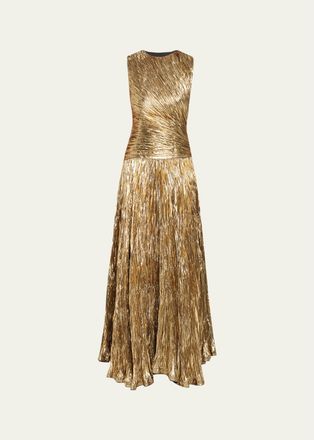 Ulla Johnson Sleeveless Metallic Plisse Drop-Waist Gown