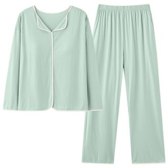 Generic Womens 2 Piece Outfits Clearance Cotton Modal Long Sleeve Shirt and Full Length Bottom Pyjama Set with Built in Bra Support Pjs Sets Oversized Baggy L