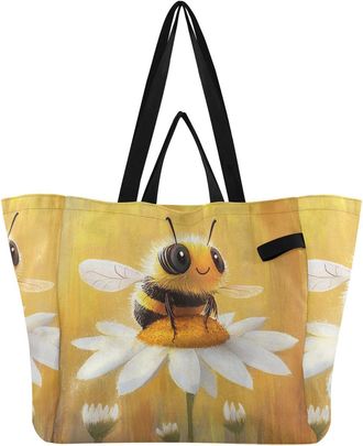 Generic Bee Flowers Yellow print Reusable Canvas Tote Bag, Heavy Duty Grocery Shopping Bag with Large Capacity Double Handles Hard Bottom Work Groceries Trave