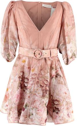 Zimmermann Dancer Belted Floral-Print Silk And Linen-Blend Organza Mini Dress Size S