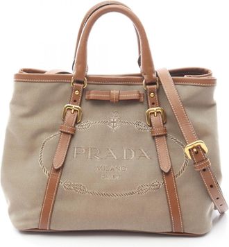 Prada Beige Brown Canvas Leather Tote Bag (Pre-Owned)