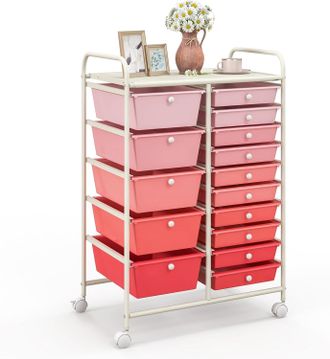 Costway Costway - Carrito Auxiliar Almacenamiento Con 15 Cajones Apilables Y Ruedas Estructura Met&aacute;lica, Carro Organizador Para Cocina Restaurante (rosado Deg