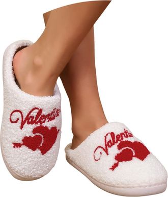 Generic 2026 Valentines Day Cozy Winter Slippers for Indoor Outdoor Shoes with Heart Design Warm Fleece Lined Comfortable Flat Slides (Red, 11-12)