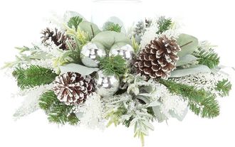 Creative Displays Inc. Handcrafted Holiday Candleholder Centerpiece With Evergreen, Pinecones & Ornaments