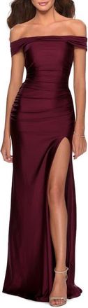 La Femme Off the Shoulder Dress with Tie Back and Slit in Dark Berry at Nordstrom, Size 00