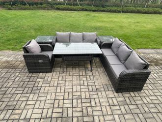 Fimous 7 Seater Rattan Garden Furniture Set Oblong Rectangular Dining Table and Chairs Set with 3 Seater Sofa 2 Side Tables Dark Grey Mixed
