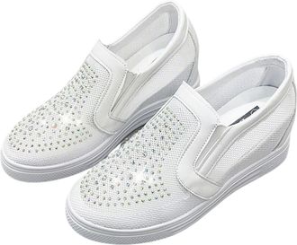 Generic Womens Slip-On Sneakers with Rhinestone Mesh Design Fashion Breathable Tennis Shoes Platform Sparkly Hidden Heel Canvas Loafers (White,5.5)