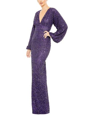 Mac Duggal Sequined Puff Sleeve V Neck Gown