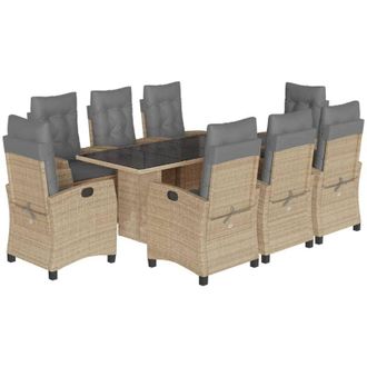 vidaXL Set Comedor De Jard&iacute;n 9 Pzas Con Cojines Rat&aacute;n Sint&eacute;tico Beige Vidaxl