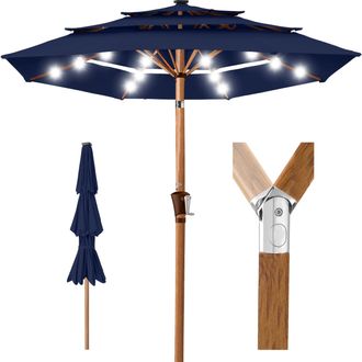 Best Choice Products Woodgrain Pattern 10ft 3-Tier Solar Patio Umbrella w/ 24 LED Lights, Tilt