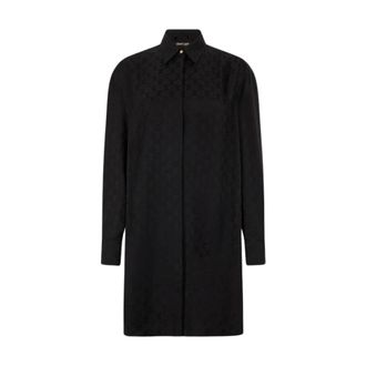 Roberto Cavalli Shirt Dresses, female, Black, Size: 2XS Silk Mini Shirt Dress with Monogram RC