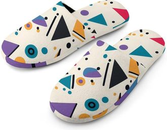 Generic 90s Pattern Colorful Triangles Round Flannel Mens Slip-on Slippers Winter Warm House Shoes with Rubber Sole for Home Hotel