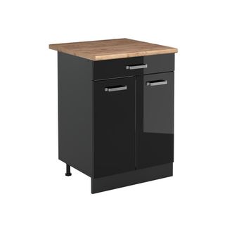 Vicco Mueble Bajo De Cocina R-line, Negro Brillo Intenso/antracita, 60 Cm Con Caj&oacute;n Encimera Roble Dorado, Vicco
