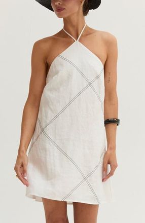 Crescent Contrast Stitch Halter Linen Mini Dress in White at Nordstrom, Size X-Small