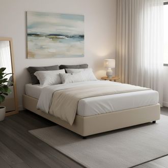 Dmora Dmora - Cama Matrimonial Daajj, Cama Contenedor Con Revestimiento De Tela, 100% Made In Italy, Apertura Frontal, Con Colch&oacute;n 140x190 Cm Incluido, Beig
