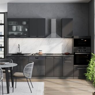 Vicco Mueble De Cocina Fame-line, Antracita Alto Brillo, 300 Cm Con Armario Alto, Et Roble, Vicco