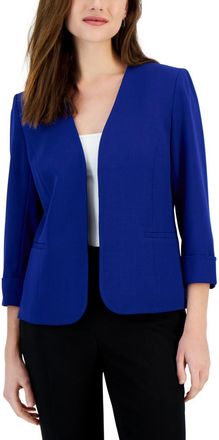 Kasper Womens Stretch Crepe Blazer - Cardigan-Style with Rolled Cuff Sleeves, Royal Signature, 10