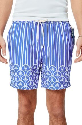 Psycho Bunny Brad Palm Tree & Bunny Print 6-Inch Swim Trunks in Amparo Blue at Nordstrom, Size Large
