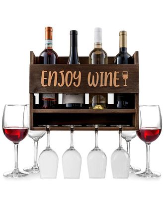 Alice Pazkus Wall Mounted Wine Rack With Wine Glasses Included