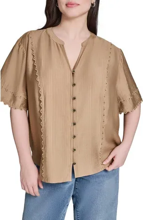 Karl Lagerfeld Nailhead Stud Detail Metallic Button-Up Shirt in Cartouche at Nordstrom, Size 1X