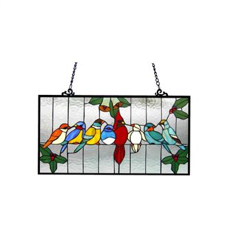 Chloe Lighting AVES Tiffany-glass Gathering Birds Window Panel 24.5x12.5