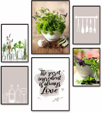 Artland Poster »Küchenkräuter & Küchenhelfer« Gewürze Set, 6 Stk. tlg. 6er Set, 2xDIN A3 / 4xDIN A4, ohne Rahmen
