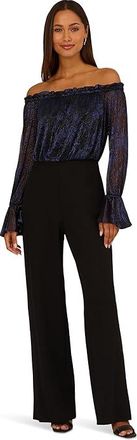 Adrianna Papell Crinkle Crepe Jumpsuit Womens Dress Navy/Black : 14, Elastane/Polyester