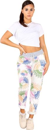 Generic Womens Italian Multi Floral Printed Turn Up Trouser - Ladies Plain Elasticated Waistband Causal Summer Drawstring Bottom Pants (Aboriginal Print White