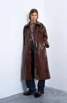 Topshop Faux Leather Trench Coat in Brown at Nordstrom, Size X-Small
