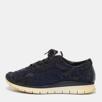 Le Silla Navy Blue/black Knit Fabric And Leather Crystal Embellished Low Top Sneakers
