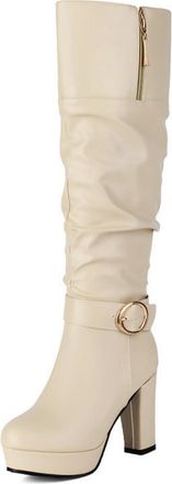 Generic Womens PU Leather Slouch Long Boots with Side Zipper Round Toe Knee High Boots Chunky High Heel Platform Boot with Buckle,Beige,4.5 UK