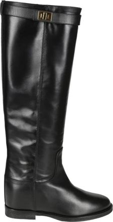 Via Roma 15 Zwarte leren laars met gouden gesp - Dames - Hoge Laarzen - Zwart - 39 EU - Leer - Schoenen