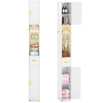 Costway 180 cm Tall Bathroom Cabinet Narrow Storage Organizer w/ 3 Doors-White