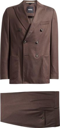 BOSS Huge Slim Fit Brown Stretch Cotton Peak Lapel Double Breasted Suit in Dark Brown at Nordstrom, Size 40 Regular