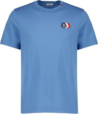 Moncler Geborduurd Tricolor Logo Katoenen T-shirt - Heren - T-shirts - Blauw - S - Katoen - Tops