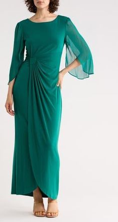 Connected Cape Sleeve Faux Wrap Gown in Emerald at Nordstrom Rack, Size 10