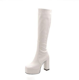 Generic Womens Square Toe Long Boots with Side Zipper Patent Leather Knee High Boots Chunky High Heel Platform Boot,White,2.5 UK